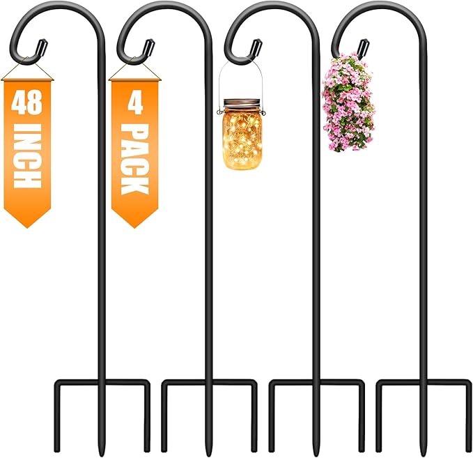Gtongoko 48 Inch Shepherds Hooks for Outdoor 4 Pack Garden Hooks for Hanging Plants, Lanterns, Bird Feeders, Solar Lights, Mason Jars, Weddings Decor, Adjustable, Matte Black Gtongoko