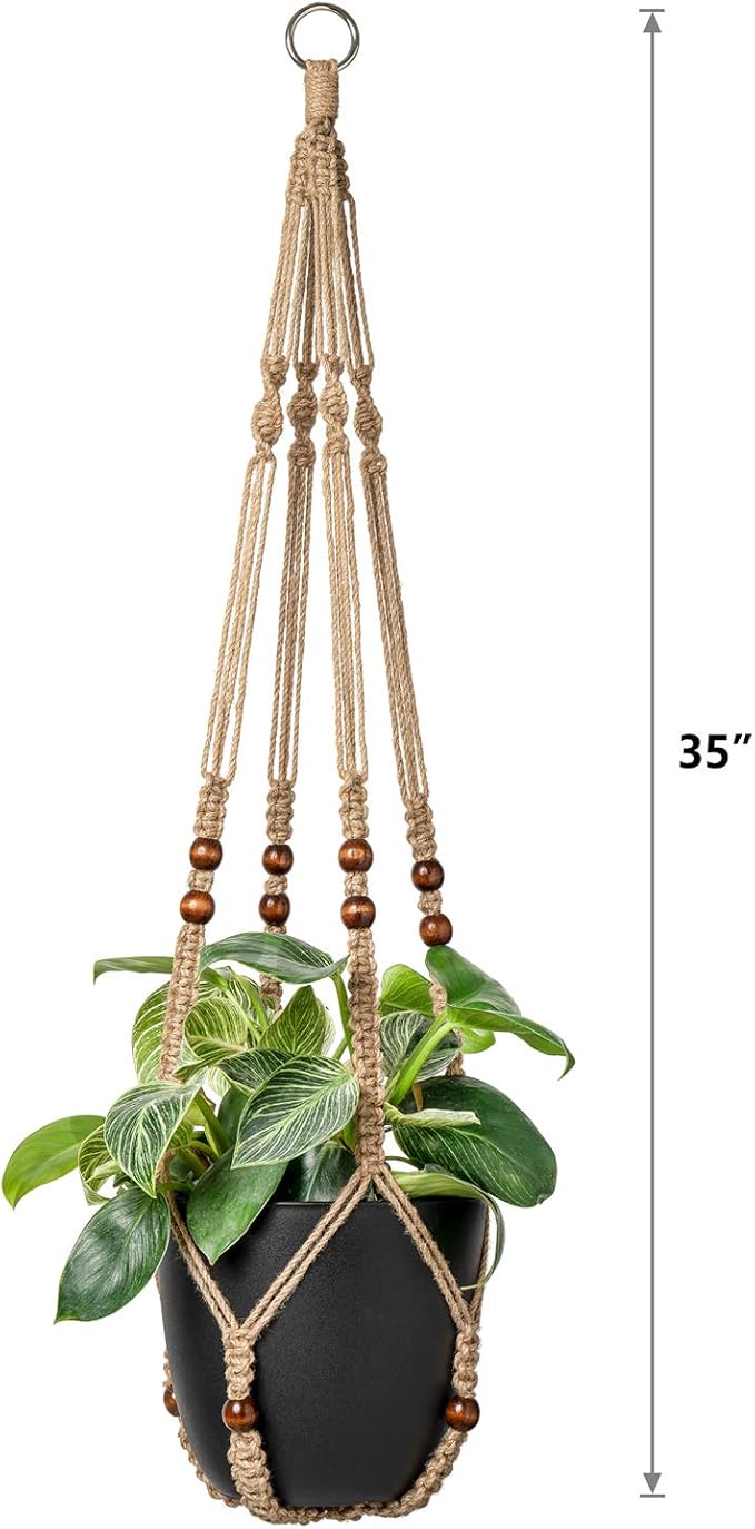 Mkono Macrame Plant Hanger Indoor Jute Hanging Planter Basket with Wood Beads Decorative Flower Pot Holder No Tassels for Indoor Outdoor Boho Home Decor 35 Inch, Brown, Set of 2 (POTS NOT Included) Mkono