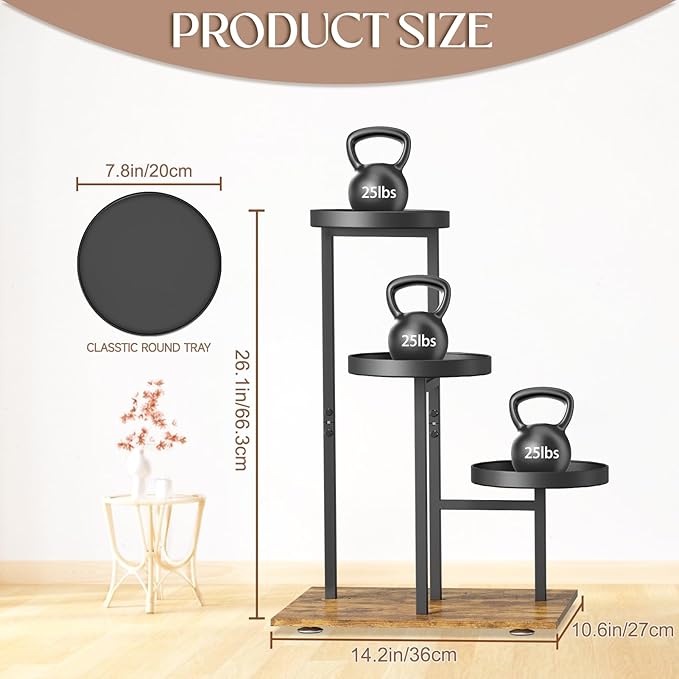 iDavosic.ly 3 Tier Plant Stand Indoor, Tiered Corner Flower Holder Shelf Outdoor, Metal Tall Orchid Display Rack for Patio Porch Garden Balcony Office Living Room, Modern Black & Rustic Brown iDavosicly