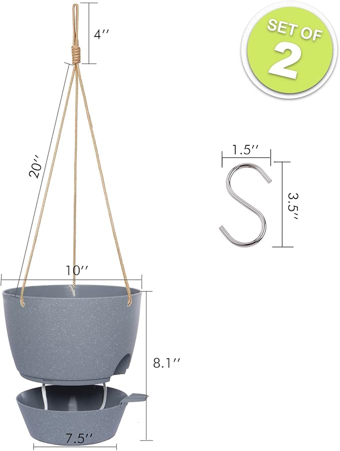 10 Inch Self Watering Hanging Pots, 2 Pack Hanging Planters with 40oZ Deep Reservior for Indoor Outdoor Plants Flowers, Grey SwinDuck