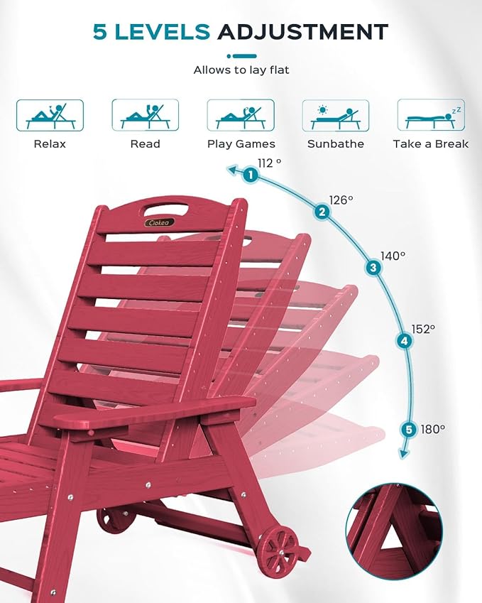 Outdoor Chaise Lounge Chair Set of 2, Patio Lounge Chairs for Outside, HDPE Lounge Chair with Wheels & Cup Holder, Poly Chair with 5 Position for Poolside, Deck, Red CIOKEA