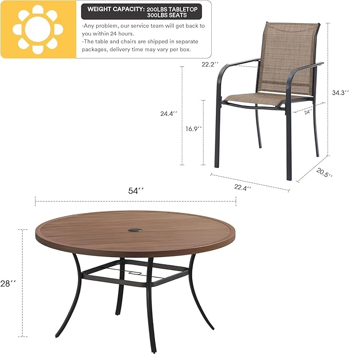 VICLLAX Patio Dining Set for 8, Outdoor Furniture Set Includes 53" Round Patio Table and 8 Patio Sling Chairs, Walnut Wood-Like Tabletop and Brown Fabric HOME