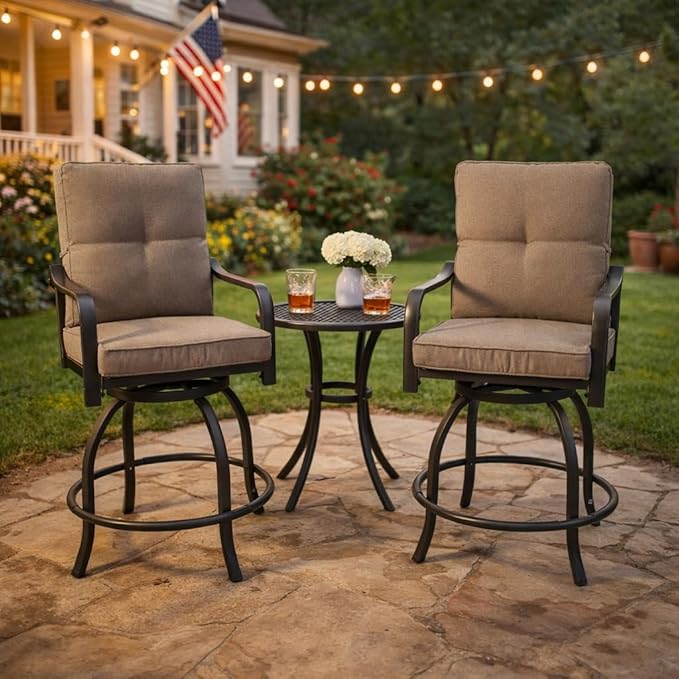 Kozyard Isabella Outdoor Swivel Bar Chairs, Counter Height Patio Bar Stools Set of 2 with Cushioned Seats, All-Weather Metal Bistro Chairs for Backyard Dining Beige Kozyard