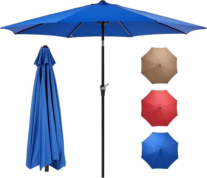 OLIXIS 9ft Patio Umbrella with Tilt and Crank Button & 8 Sturdy Ribs Waterproof, Patio Table Umbrella Perfect for Poolside, Terrace, Beach and Outdoor Restaurant, Blue OLIXIS