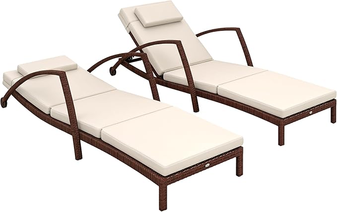 Outsunny Wicker Chaise Lounge Chair Outdoor Set of 2, 5-Position Adjustable Reclining Pool Lounge Chairs with Wheels, Rattan Outdoor Lounger with Cushion, Armrests for Poolside Beach Backyard, Beige Outsunny