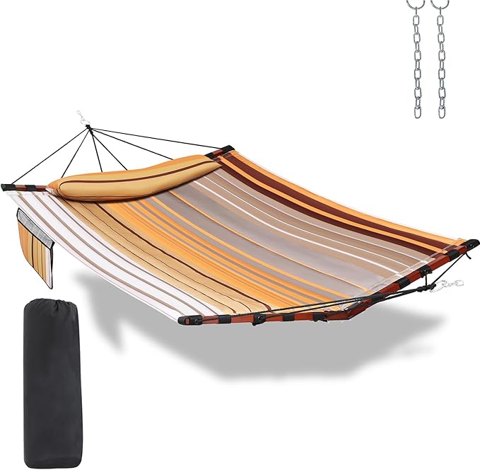TegerDeger 12FT 2 Person Hammock Large Hammock 450LB Capacity with V Shaped Hardwood Spreader Bar & Nylon Rope for Outside, Patio, Garden, Backyard, Beach, Poolside - Fall Yellow Stripes Tegerdeger