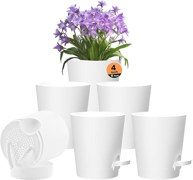 Self Watering Pots, 4 inch Flower Pots with Multi Mesh Drainage Holes, Small Platic Planters for Indoor Outdoor Garden Plants and Flowers (White, 4") Rootora