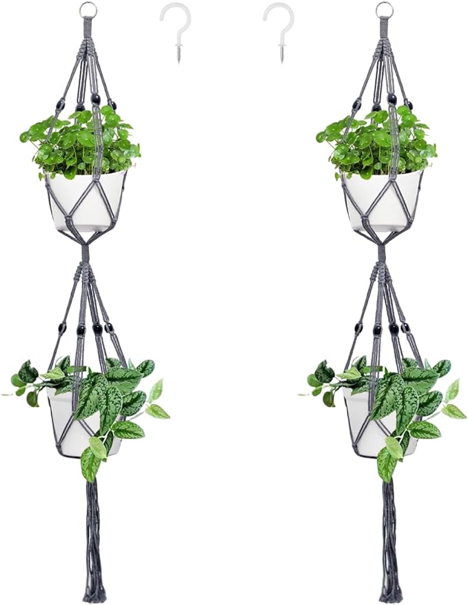 Belit 2 Pack Double Macrame Plant Hangers 2 Tier Hanging Planter Basket Decorative Flower Pot Holder Rope for Indoor Outdoor Home Decor 51 Inch, Grey Belit