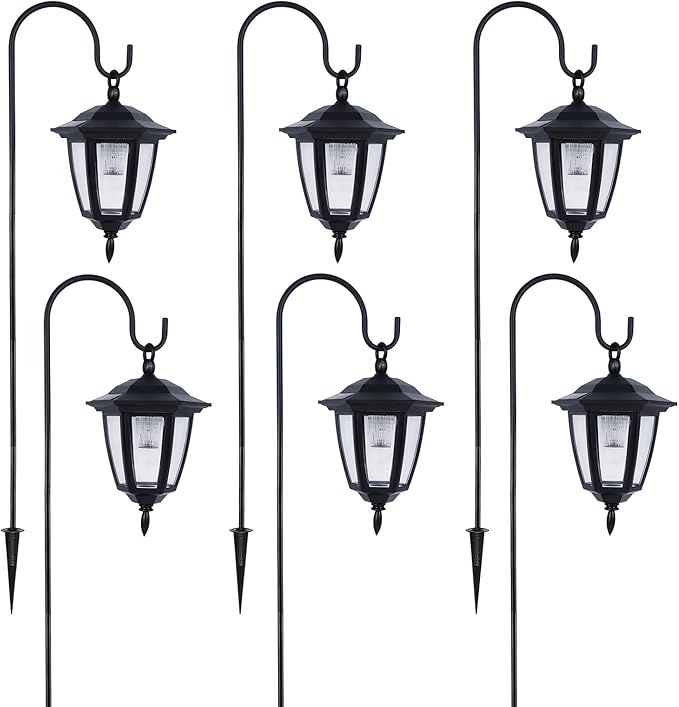 Dynaming 6 Pack Solar Hanging Lights Outdoor, Solar Powered Garden Decorative Lanterns with 6 x 38 Inch Shepherd Hooks, Waterproof Landscape Lighting for Lawn Patio Yard Pathway Driveway, Warm White Dynaming