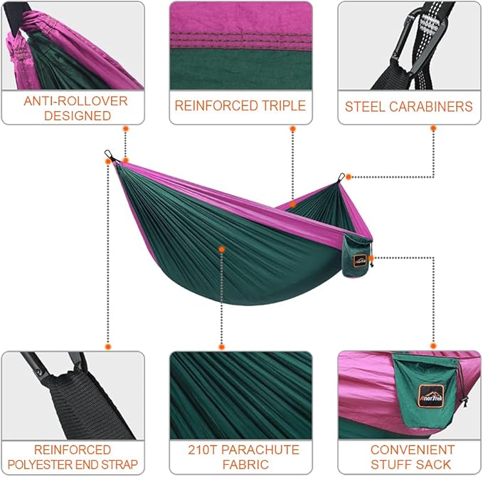 Camping Hammock, Super Lightweight Portable Parachute Hammock with Two Tree Straps Single or Double Nylon Travel Tree Hammocks for Camping Backpacking Hiking AnorTrek