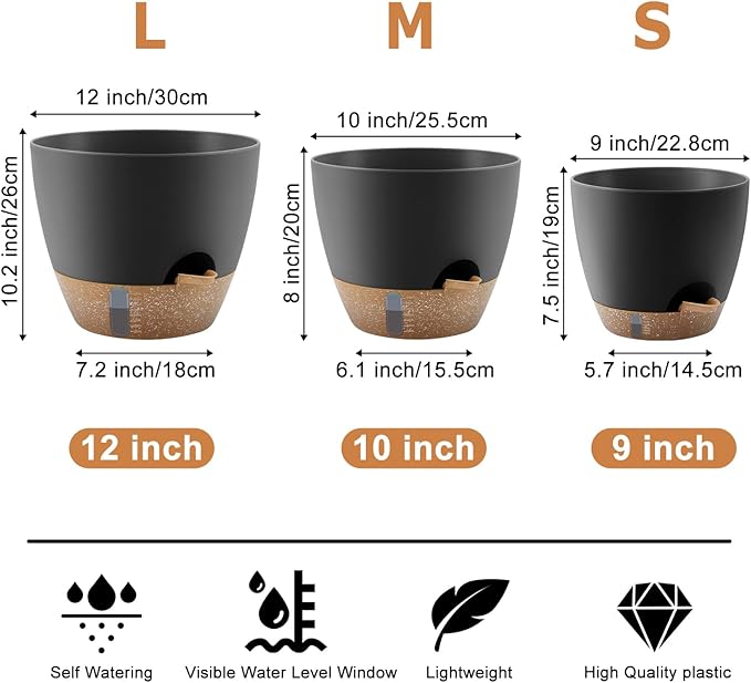 Self-Watering Plant Pots with Water Level Indicator, Drainage Holes & Saucers – 12/10/9 Inch Large Plastic Planter Set for Indoor & Outdoor Plants(Black) QRRICA