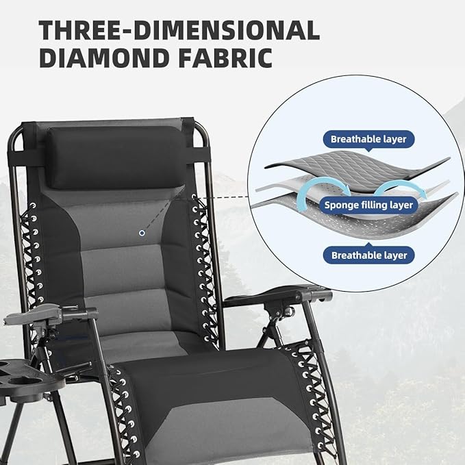 Zero Gravity Chair Oversized Padded Recliner with Adjustable Headrest & Cup Holder - XL 600D Oxford Folding Lounge Chair for Outdoor Camping, Patio, Poolside (Black & Gray) Rootora