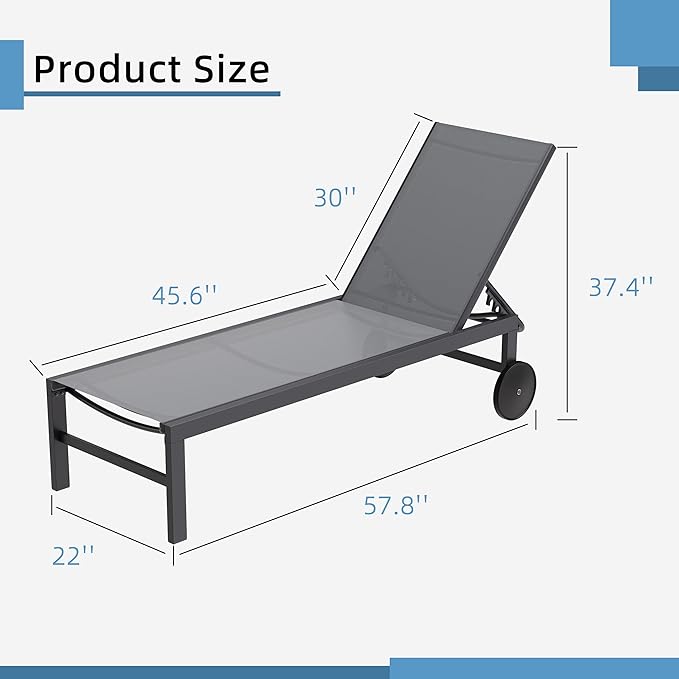 Shintenchi 2 PCS Outdoor Chaise Lounges Chair with Wheels Aluminum Reclining Patio Lounge Chairs with 5 Adjustable Position Recliner for Patio, Beach, Yard, Pool Patio Furniture Set,Light Grey Shintenchi