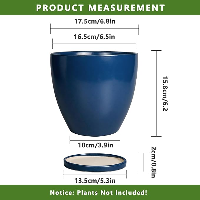 6.8 Inch Plant Pot - Ceramic Planter with Drainage Hole and Saucer, Modern Round Flower Pot, Planters for Indoor Plants, Home Garden Decor, Blue EPFamily