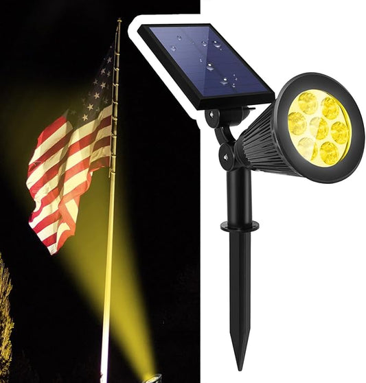 Solar Landscape Spotlights Outdoor, Bright 7-LED Spot Lights, Dusk-to-Dawn Waterproof Solar Powered Flag Pole Lights, Adjustable 2-in-1 Wall/Ground Lighting for Tree House Yard Garden (Warm White) SFSUNFUNY