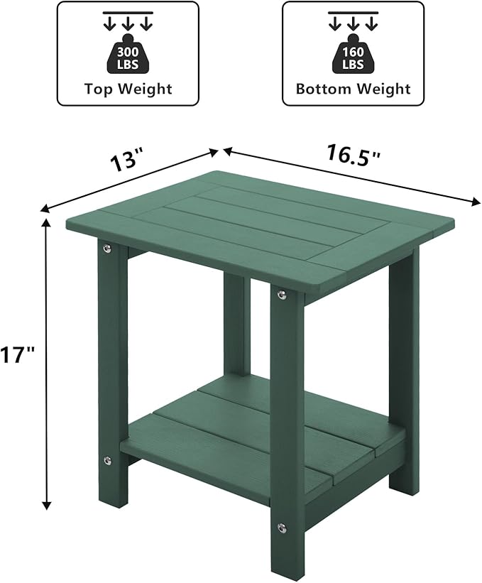 Double Adirondack Side Table Weather Resistant, Outdoor Rectangular End Table for Adirondack Chair, Dark Green Meluvici