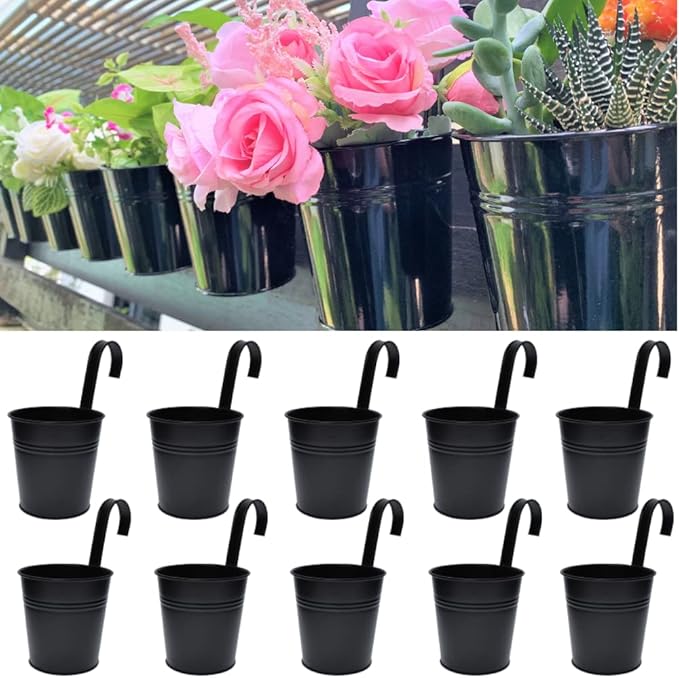 LaLaGreen Railing Planter 10 Pack, 6 Inch Hanging Flower Pot Black, Outdoor Large Metal Iron Fence Bucket, Balcony Garden Wall Deck Porch Patio Rail Decor Hanger Hook Farmhouse Balcony 6'''' (15cm) L%C3%A1L%C3%A1Green