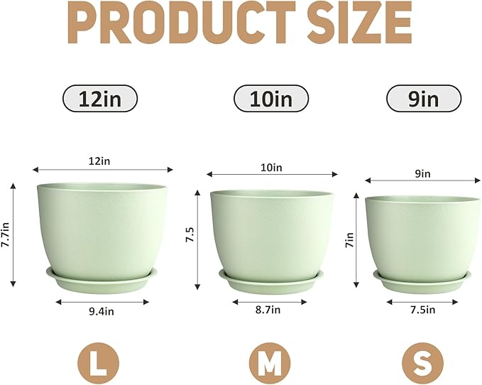 Plant Pots 12/10/9 inch Set of 3, Flower Pots with Multi Mesh Drainage Holes, Large Planters for Indoor Outdoor Garden Plants and Flowers. (Green) AFamilyofGardenLovers