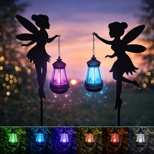 Solar Fairy Garden Decorations Solar Lighting 1 Pair – Outdoor Color-Changing Fairy Statues with Metal Stakes, Garden Ornaments for Lawn, Yard, Patio Decor (Type B Color-Shifting) PowerUpwiththeSun