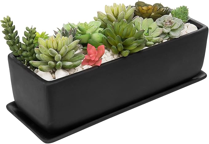 MyGift 14 Inch Ceramic Indoor Plant Pot, Rectangular Succulent Planter, Decorative Flower Planter with Drainage Hole and Removable Tray, Matte Black MyGiftHome