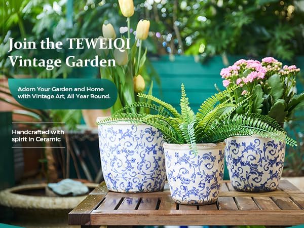 Vintage Ceramic Planter with Drainage Hole, Plastic Tray & Mesh, 6.5 Inch - Indoor/Outdoor Flower Pot, Blue Floral Rustic Farmhouse Design Plant pot for Home, Office & Garden Décor, Ideal Gift TEWEIQI