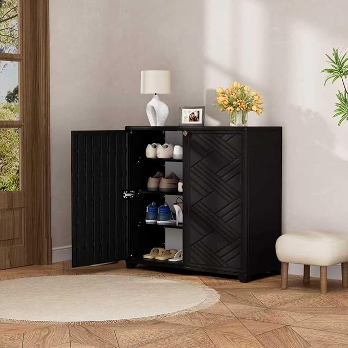 Outdoor/Indoor Storage Box,Resin and Plastic Storage Cabinet Waterproof,Outdoor Cabinet for Patio/Garden/Balcony/Backyard/All Room(with 3 Shelves)-Black Mrosaa