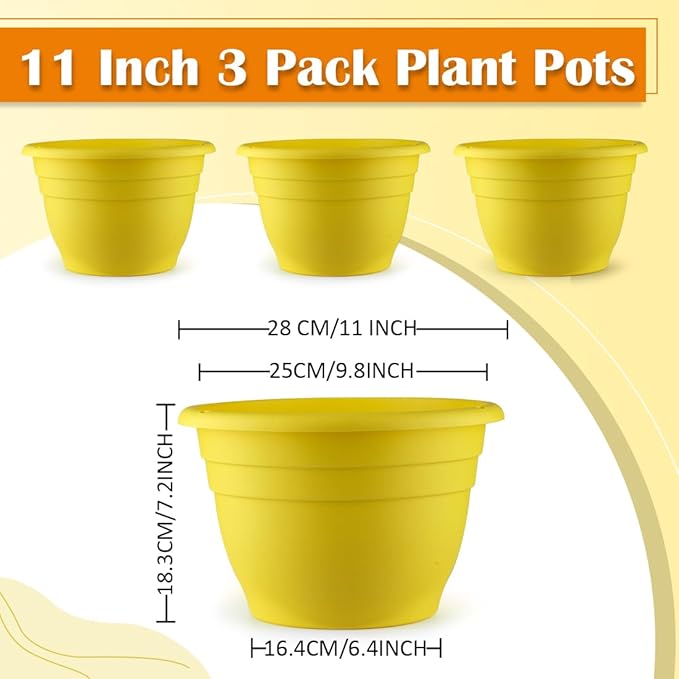 11 Inch Plant Pots Set of 3,Plastic Planters with Drainage Holes & Removable Plugs,Indoor Outdoor Flower Pots for Plants,Herbs, Succulents,Durable Lightweight(Yellow) RooTrimmer