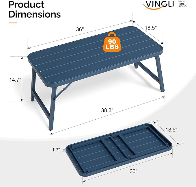 VINGLI Outdoor Folding Coffee Table, Rectangle Drainable Iron Patio Table for Balcony, Porch, and Living Room, Blue VINGLI