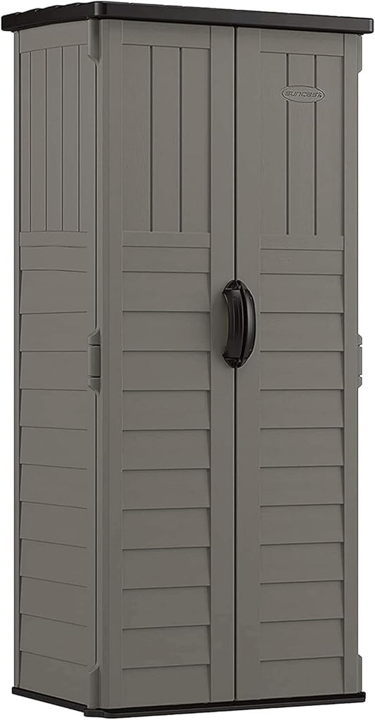 Suncast 22 Cubic Ft. Vertical Resin Outdoor Storage Shed with Lockable Double Doors, Weather-Resistant Multi-Wall Panels, Stoney Suncast
