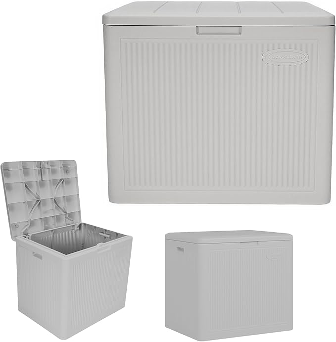 Suncast 22-Gal. Resin Small Outdoor Patio Deck Box with Reeded Design, Modern Outdoor Patio Bench/Storage Box for Cushions, Garden Tools, and More, French Gray Suncast