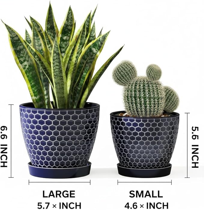 Docrin Blue Honeycomb Ceramic Plant Pot Set - 6.6"+5.5" Inch, Modern Decorative Planters with Drainage Holes & Saucers for Indoor/Outdoor Home Office DOCRIN