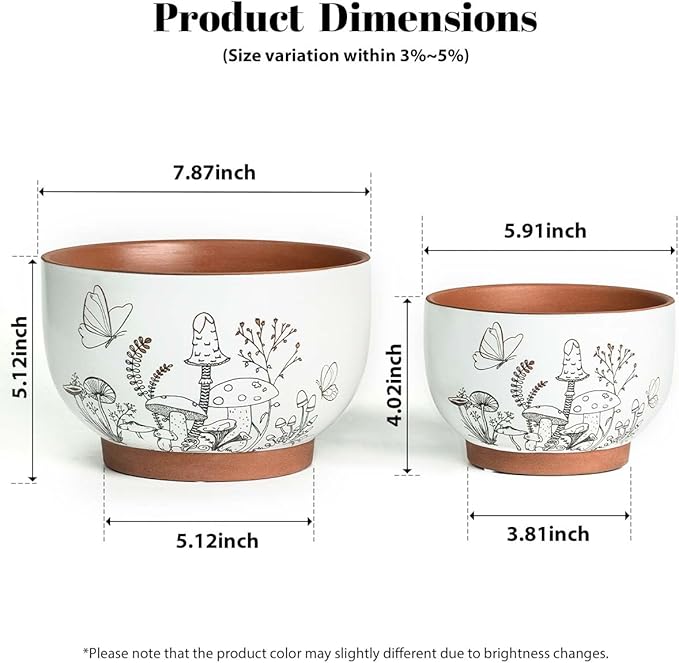 YBX 8 Inch & 6 Inch Terracotta Pots, Plant Pots, Flower Pots for Indoor Plants with Drainage, Planters with Mushroom Accent for Indoor Plants (Cottage) YBXYIBOXUAN