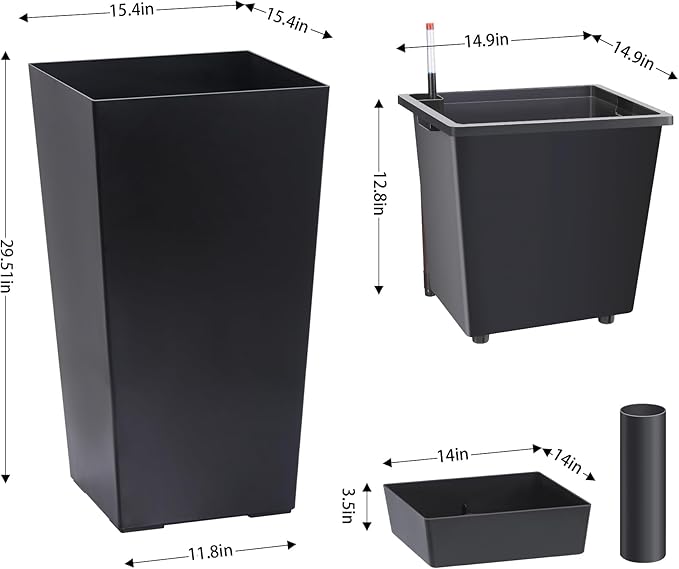 Garvee 30" Tall Planters Set of 2, Outdoor＆Indoor Black Planter Pots, High Front Porch Planter Pots with Drainage Holes＆Water Level Monitor＆Inner Bucket,Black Garvee