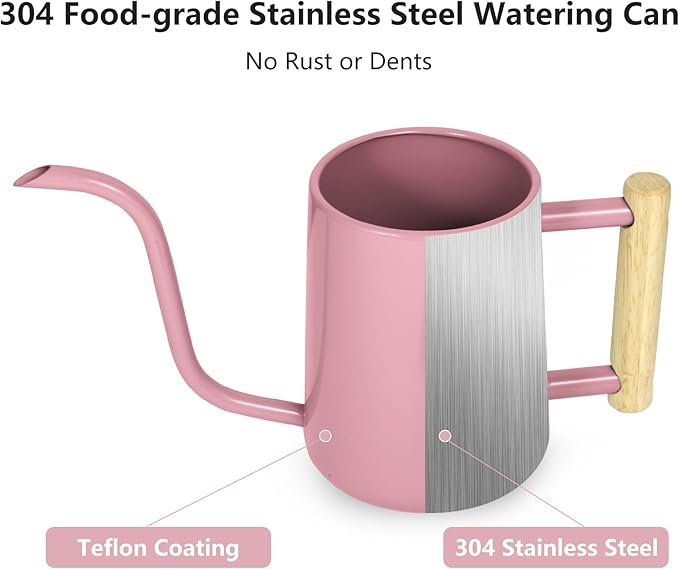 Watering Can Indoor Plants, 35 oz/1000 ml Metal Stainless Steel Watering Can Pot with Long Spout for Indoor House Plants Bonsai Outdoor Garden Flower Decorative (Pink) Rootora