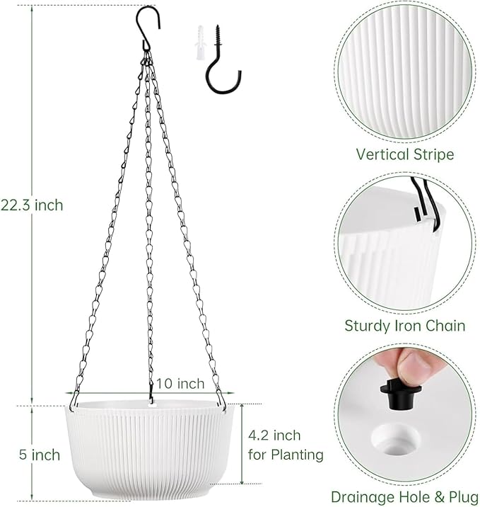10 Inch Hanging Planters for Outdoor Indoor Plants, Set of 2 Self-Watering Hanging Pots with Drainage Hole & Plug II Screw-in Hooks II Non-deforming Rootora
