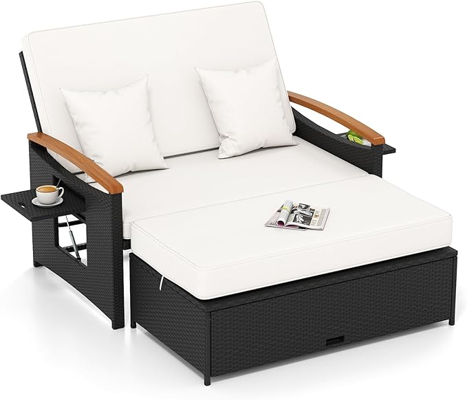 Tangkula Patio Rattan Daybed with 4-Level Adjustable Backrest, Outdoor Wicker Loveseat with Acacia Wood Armrest, Storage Ottoman & Folding Tray, Double Sunbed for Yard & Poolside (White & Black) TANGKULA