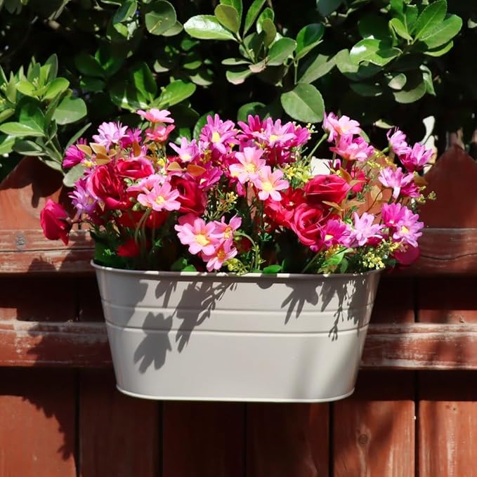 3 Pack Metal Railing Planters, 10.5" Oval Hanging Flower Pots with Detachable Hooks & Drainage Holes, Fits Rails up to 2.36", Galvanized Iron Fence Bucket for Balcony Garden Patio - Gray MeltsetM