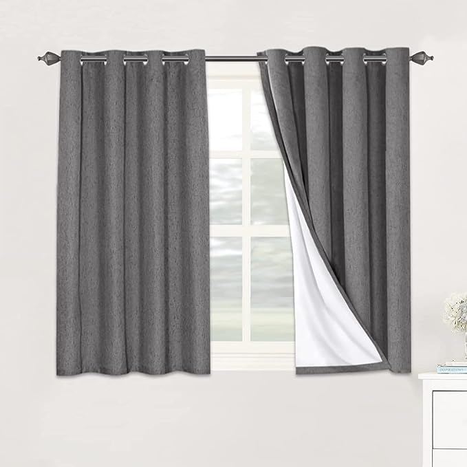 H.VERSAILTEX Linen Blackout Curtains 45 Inches Long 100% Absolutely Blackout Thermal Insulated Textured Linen Look Curtain Draperies Anti-Rust Grommet, Energy Saving with White Liner, 2 Panels, Grey HVERSAILTEX