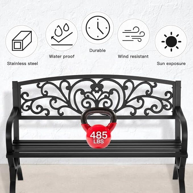 Patio Garden Bench 50 inch Outdoor Metal Loveseat Chairs with Armrests Slatted Seat and w/Floral Design Backrest for Park, Yard, Porch, Lawn, Balcony, Backyard, Black FDW