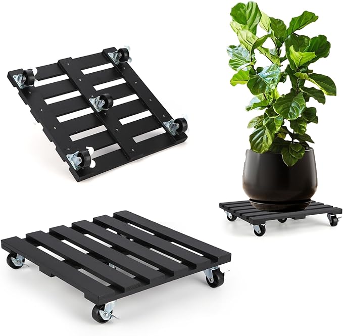 2 Pack Plant Stand with Wheels, 12" Rolling Plant Stand 264 LBS Heavy Duty Wooden Square Plant Caddy with Metal 360° Lockable Caster Wheels for Outdoor Indoor Large Plant Pots, Flower Pot, Patio-Black PRAQECZ
