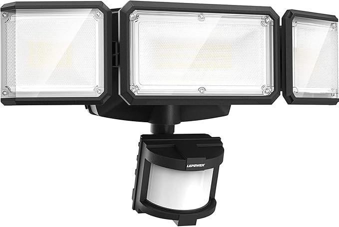 LEPOWER Battery Powered LED Flood Light Outdoor,1500LM Motion Sensor Security Lights, IP65 Waterproof,Wireless Flood Light Battery Operated,3 Head Motion Detector Light for Garage,Yard,Porch(Black) LEPOWER