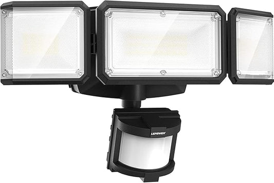 LEPOWER Battery Powered LED Flood Light Outdoor,1500LM Motion Sensor Security Lights, IP65 Waterproof,Wireless Flood Light Battery Operated,3 Head Motion Detector Light for Garage,Yard,Porch(Black) LEPOWER