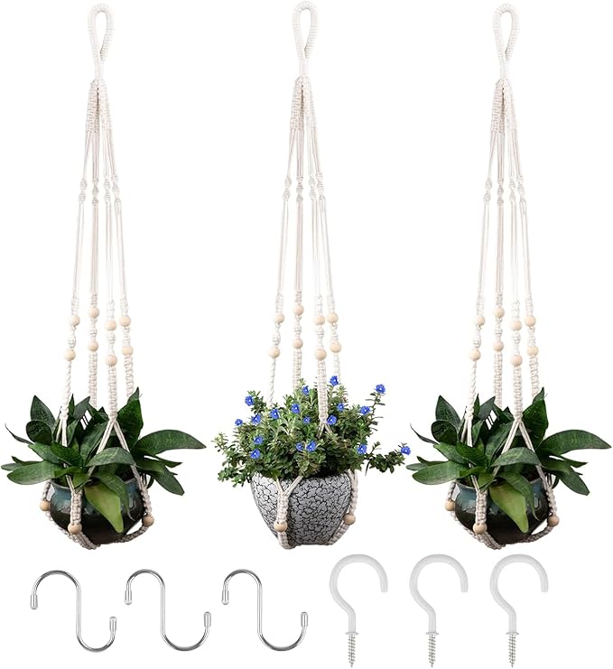 RIFNY Macrame Plant Hanger for 5 to 10 Inch Plant Pots, 35 Inch Indoor Handmade Woven Rope Hanger Kits with Hooks and Wood Beads, Hanging Planter Basket Holder for Boho Home Decor (White, 3 Pack) RIFNY