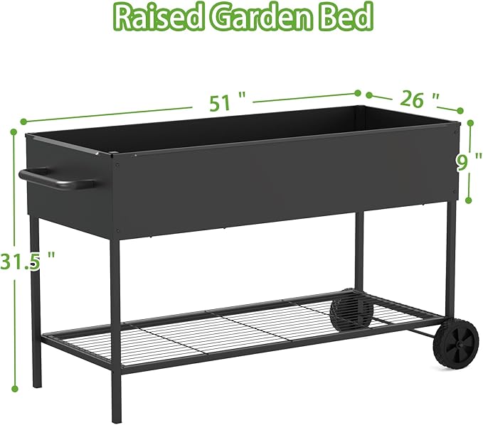51 × 26 × 31.5 Inches Raised Garden Bed with Legs/Storage Shelf, Mobile Planter Box for Outdoor Plants, Elevated Garden Bed for Backyard, Balcony, Black Rootora