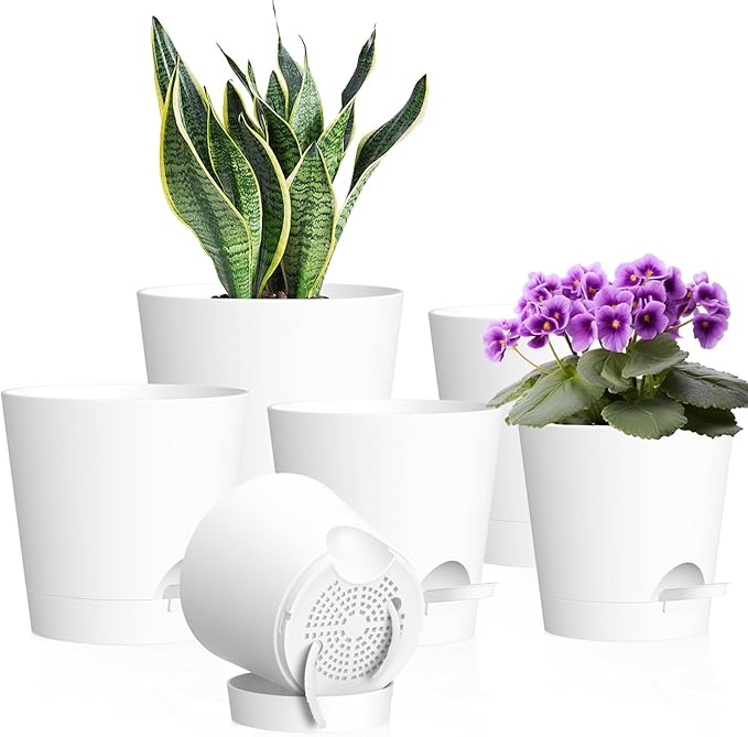 7/6.5/6/5.5/5/4 inch Self Watering Pots for Indoor Outdoor Plants, 6 Pack Plastic Flower Planters with Drainage Holes and Removable Saucers, Plant Pots with Wicking Rope, Modern Decor, White WSMKSZ