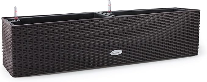 Dexceder 31.5 Inch Rattan Self Watering Planter Indoor Outdoor, Thickened Large Rail Flower Plant Pot Window Box with Water Level Indicators (Brown) Dexceder