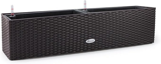 Dexceder 31.5 Inch Rattan Self Watering Planter Indoor Outdoor, Thickened Large Rail Flower Plant Pot Window Box with Water Level Indicators (Brown) Dexceder