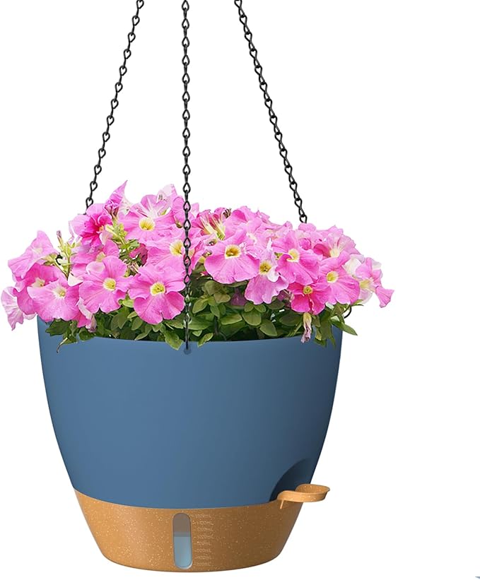 ZMTECH 12 Inch Hanging Planters for Indoor Plants & Outdoor, Self-Watering Hanging Pots with Drainage Holes, Visual Reservoir, Plastic Hanging Baskets for Outdoor Garden Home Decor, Blue HighQualityGardeningTools