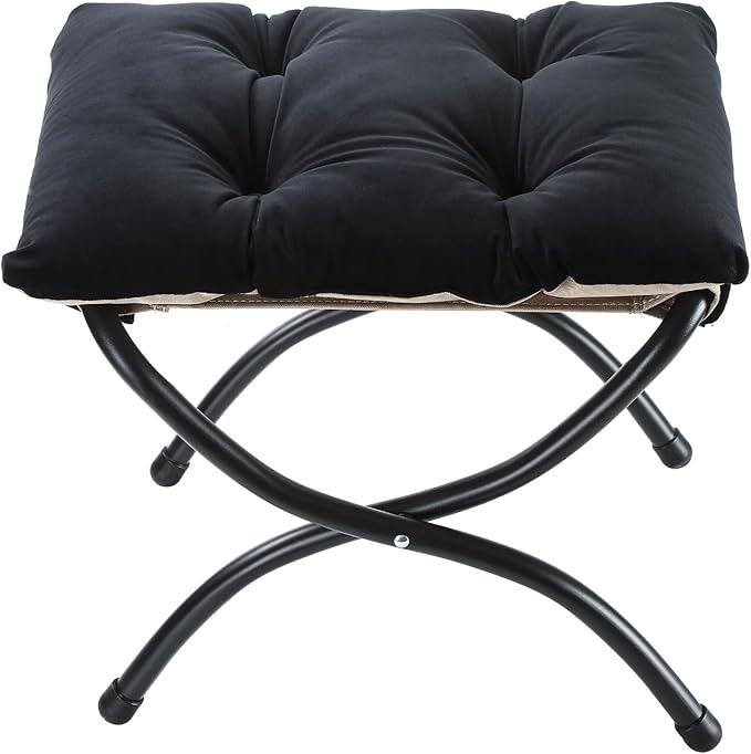 15" Foldable Foot Stool Ottoman with Metal Frame - Washable Black Upholstered Indoor/Outdoor Footrest for Living Room, Bedroom, Patio - Space-Saving Compact Design WELL-STRONG