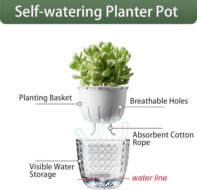 6 Pack 4 inch Self Watering Pots Planters for Indoor Plants, African Violets Pots with Wick Rope, Modern Plastic Nursery Pots for All House Plants,Flowers Succulents,Herbs,Cactus,Orchids XKYQSY